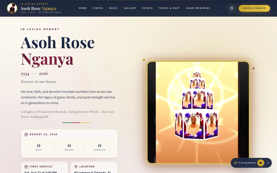 Screenshot of Asoh Rose Nganya (asohrosenganya.com) — Memorial live client website built by Zyco AI Studio
