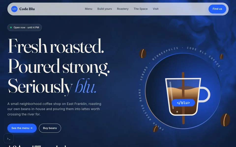 A Code Blu Coffee website homepage, designed by Zyco AI Studio