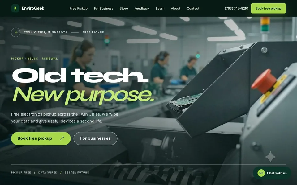 Screenshot of EnviroGeek (envirogeek-topaz.vercel.app) — Electronics Recycling live client website built by Zyco AI Studio