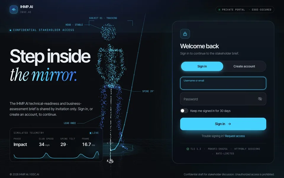 Screenshot of IHMP.AI (ihmp-ai.pages.dev) — AI / Sports tech studio-hosted project built by Zyco AI Studio