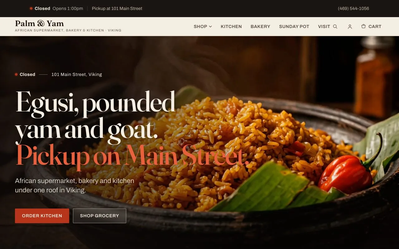 Palm & Yam website hero — African supermarket, bakery and kitchen with pickup ordering