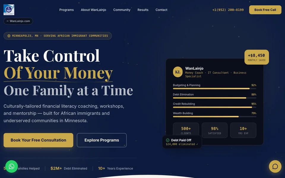 Screenshot of WanLainjo Money (wanlainjo.com/money) — Financial Coaching live client website built by Zyco AI Studio